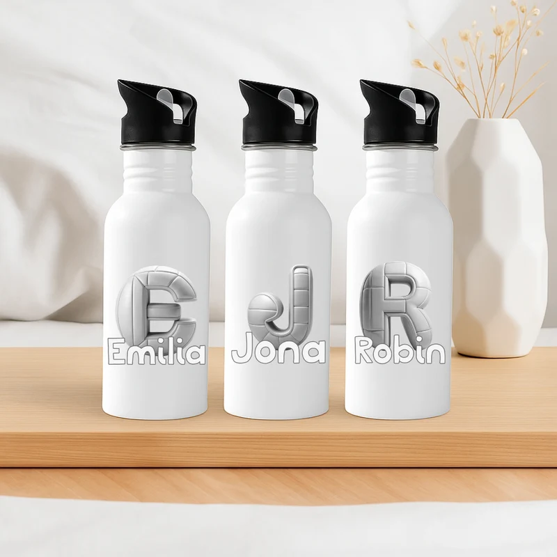 Personalisierte Trinkflasche mit Strohhalm Buchstabe Volleyball Kinder