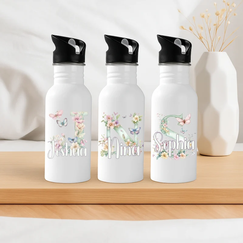 Personalisierte Trinkflasche mit Strohhalm Buchstabe Blumig Kinder
