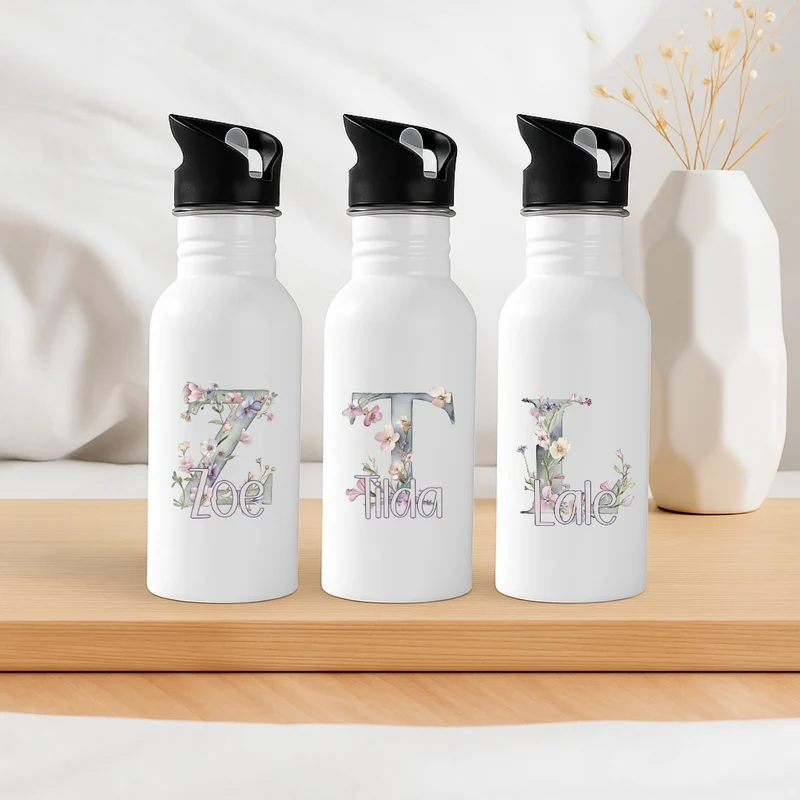 Personalisierte Trinkflasche mit Strohhalm Buchstabe Blumen Kinder