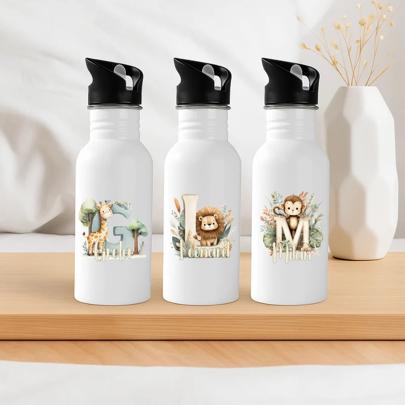 Personalisierte Trinkflasche mit Strohhalm Buchstabe Tiere Kinder