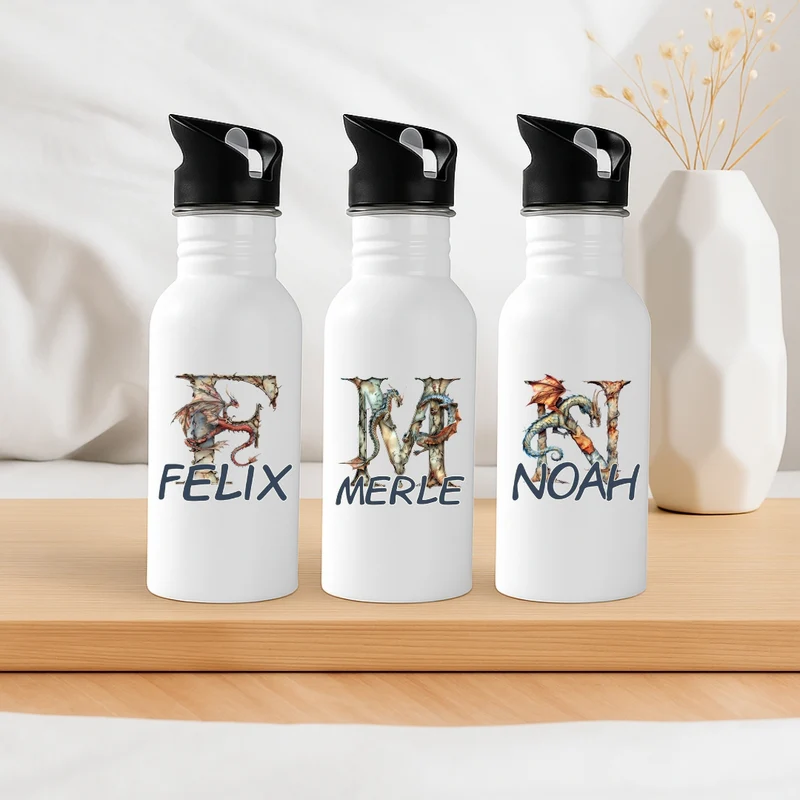 Personalisierte Trinkflasche mit Strohhalm Buchstabe Drache Kinder