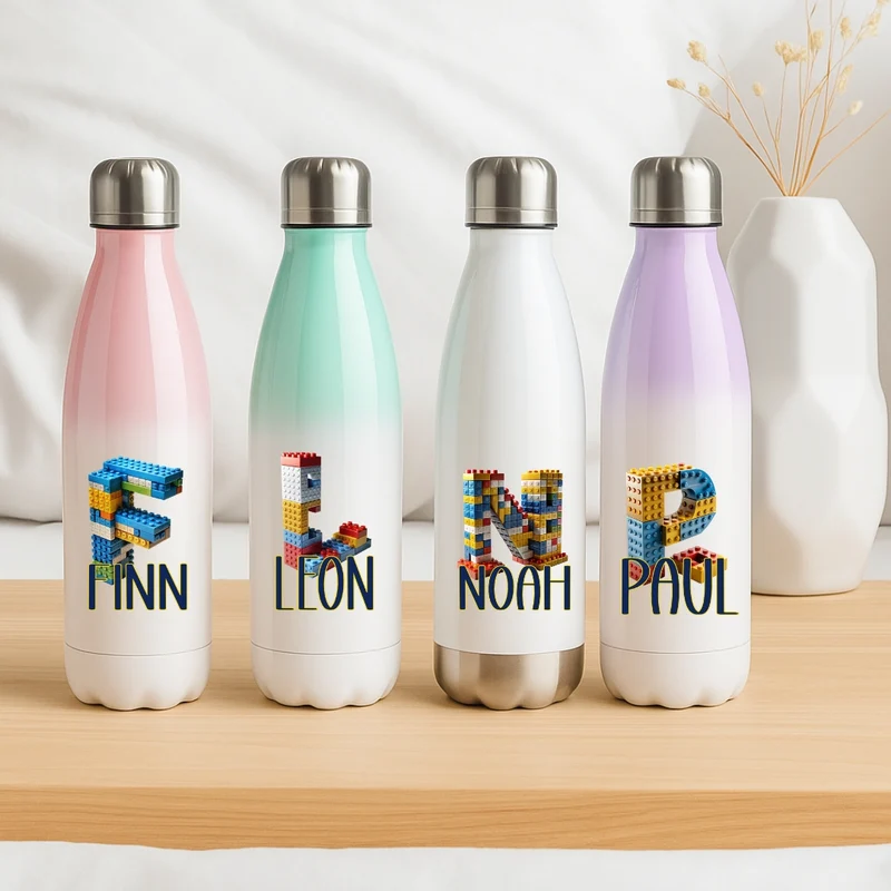 Personalisierte Thermoflasche Kinder mit Namen Baustein für Schule