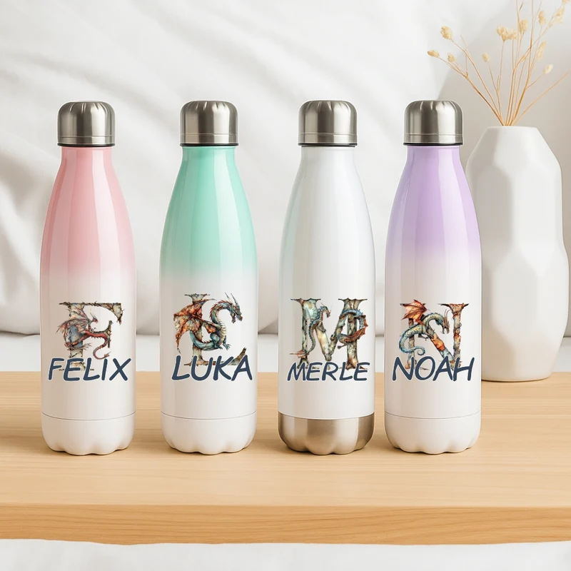 Personalisierte Thermoflasche Kinder mit Namen Drache für Schule