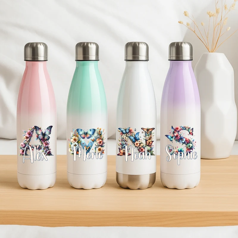 Personalisierte Thermoflasche Kinder mit Namen Blume Schmetterling für Schule