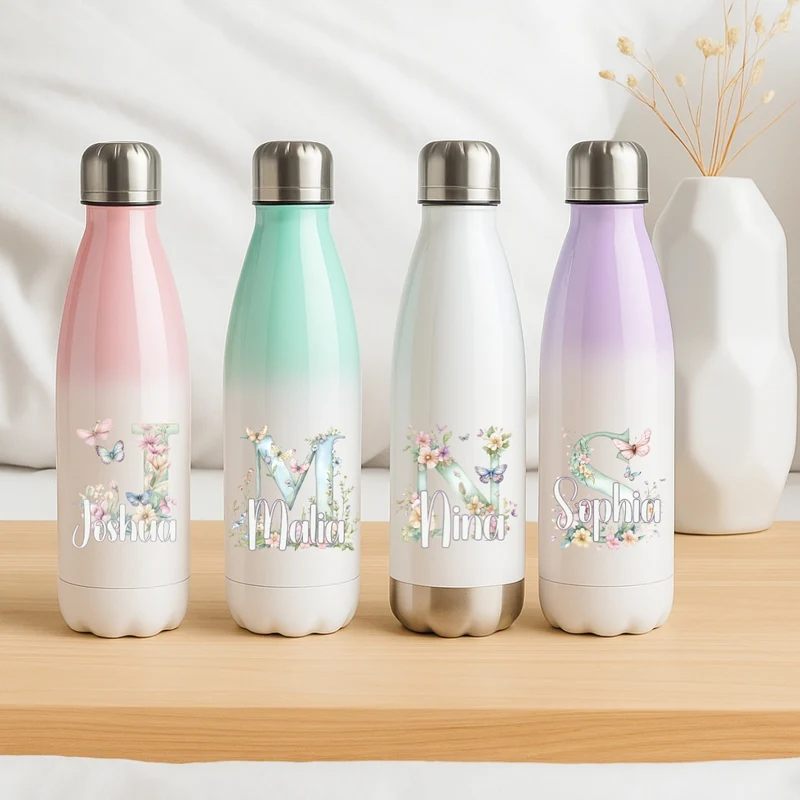 Personalisierte Thermoflasche Kinder mit Namen Blumig für Schule