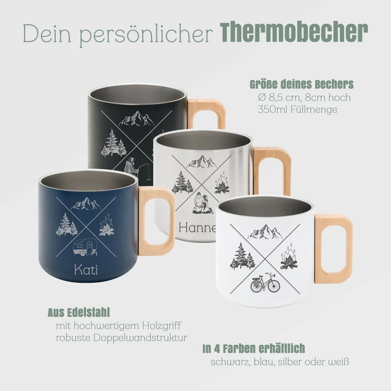 Thermobecher mit Holzgriff - X-Motiv Fahrrad, Camping, Angeln, Hund