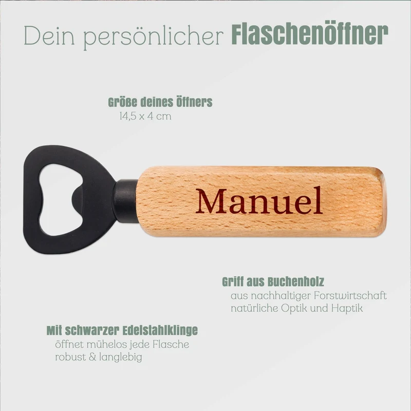Flaschenöffner Holz mit schwarzer Klinge - Wunschname