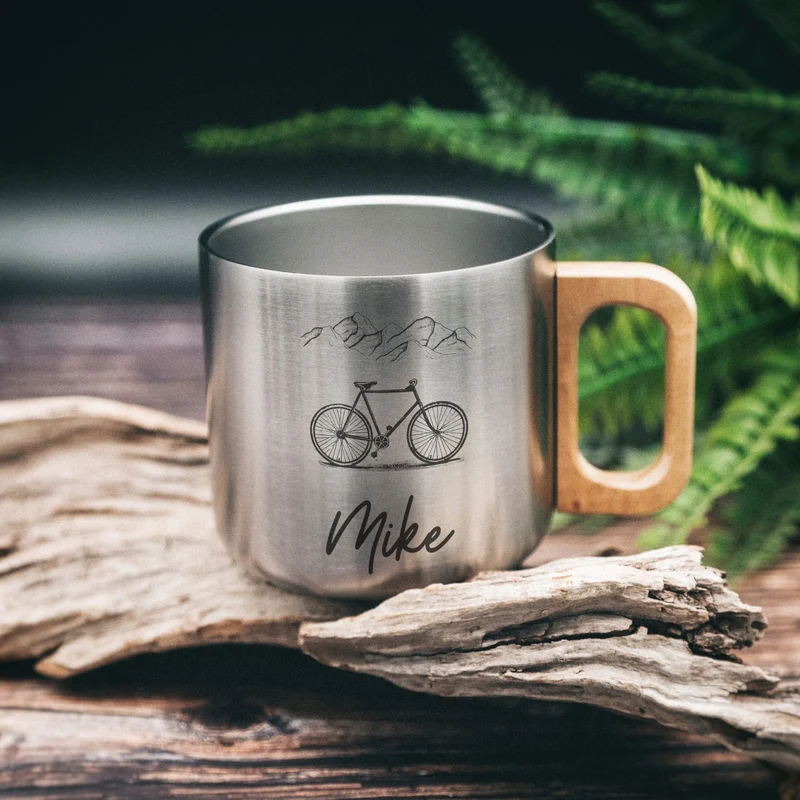 Thermobecher personalisiert mit Holzgriff - Motiv und Name