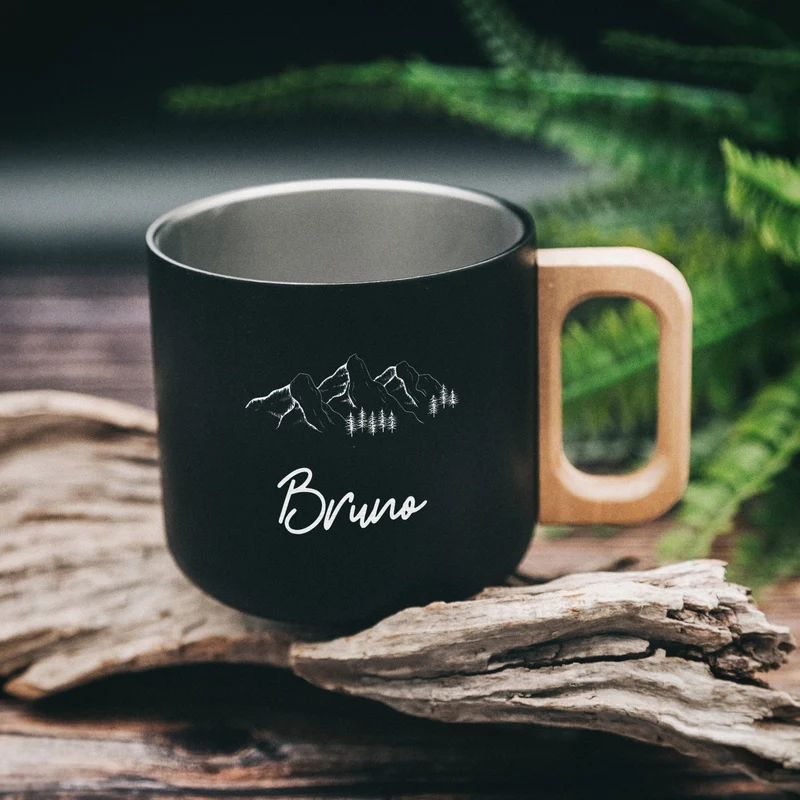 Thermobecher personalisiert mit Holzgriff - Motiv und Name