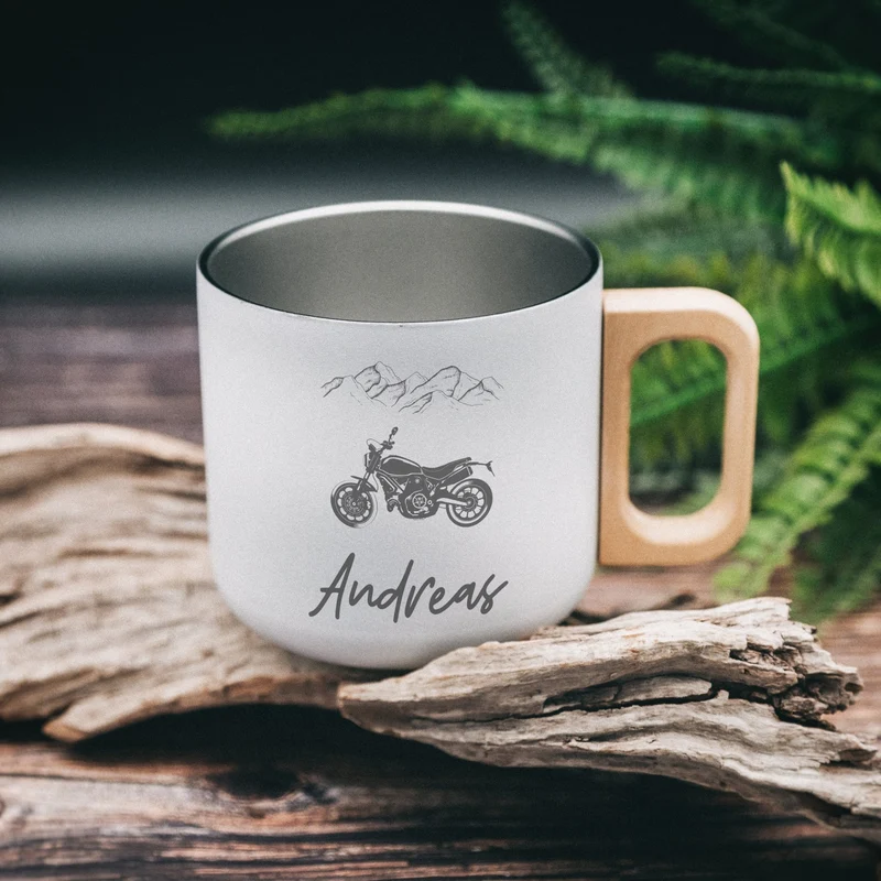 Thermobecher personalisiert mit Holzgriff - Motiv und Name
