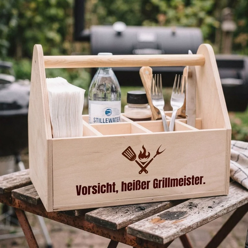 Grill-Caddy aus Holz - Vorsicht, heißer Grillmeister.