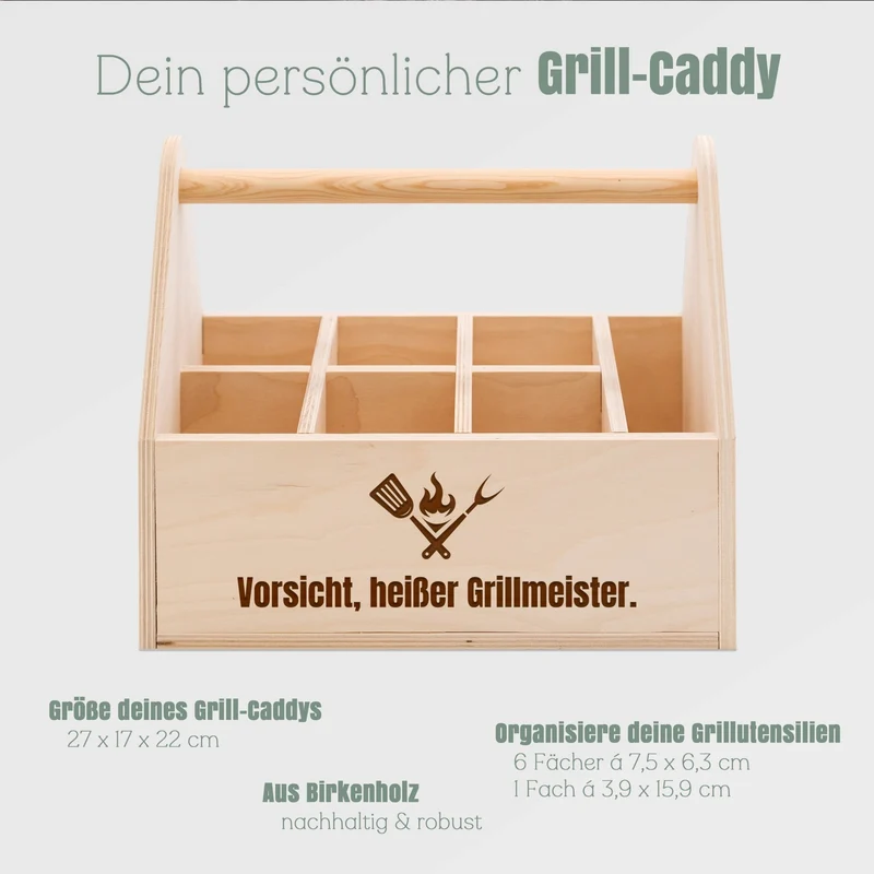 Grill-Caddy aus Holz - Vorsicht, heißer Grillmeister.