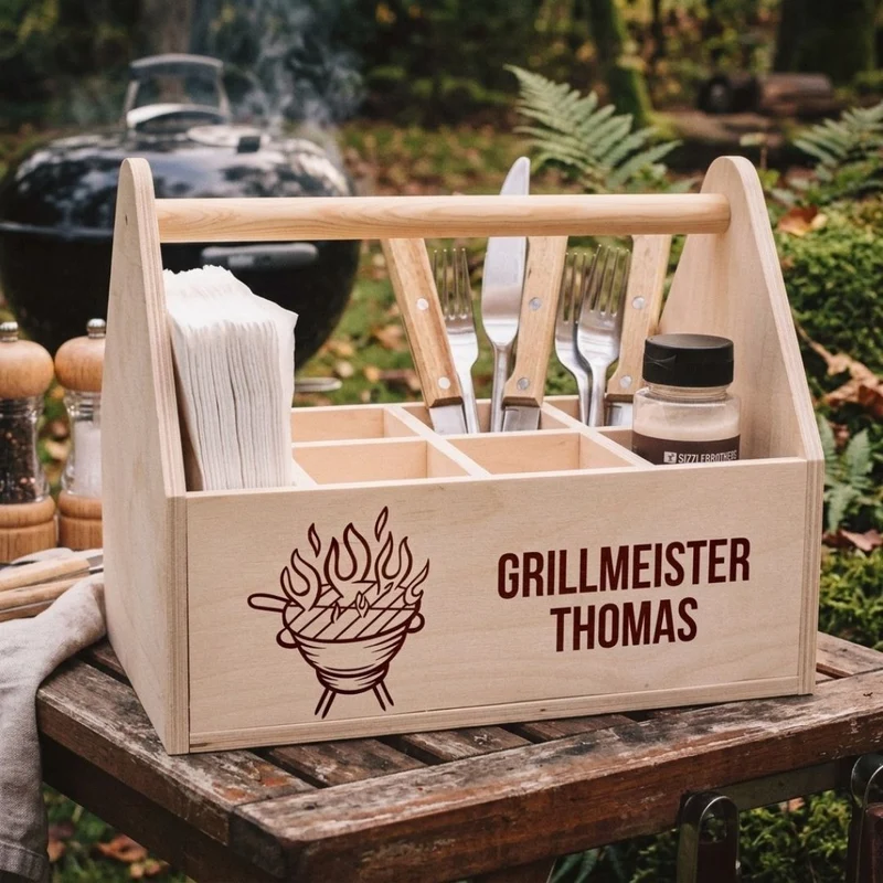 Grill-Caddy aus Holz - Grillmeister Wunschname Grill