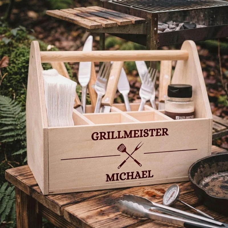Grill-Caddy aus Holz - Grillmeister Wunschname Grillbesteck