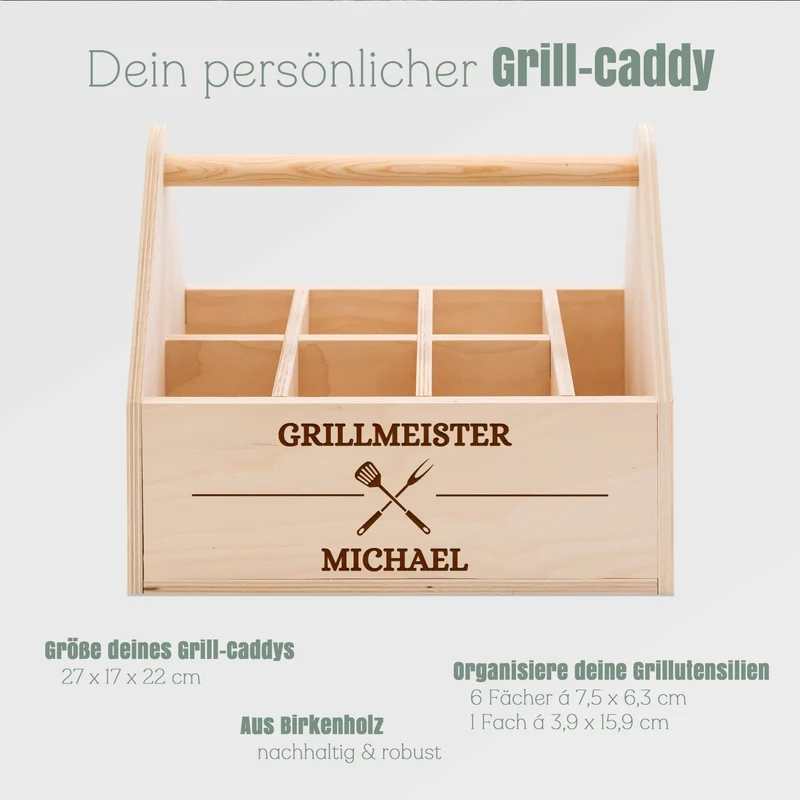 Grill-Caddy aus Holz - Grillmeister Wunschname Grillbesteck
