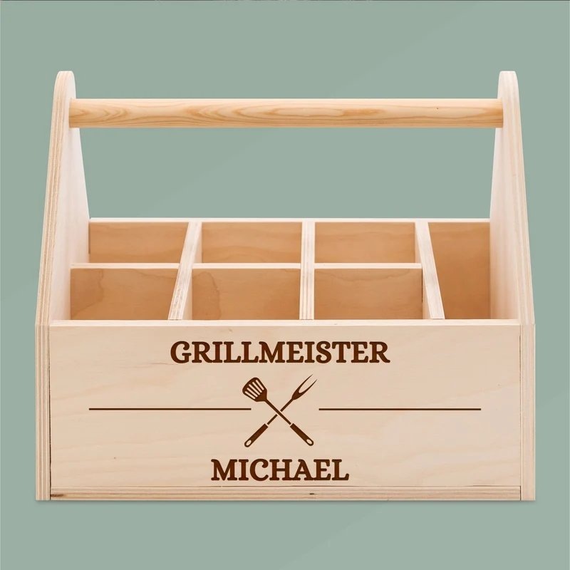 Grill-Caddy aus Holz - Grillmeister Wunschname Grillbesteck
