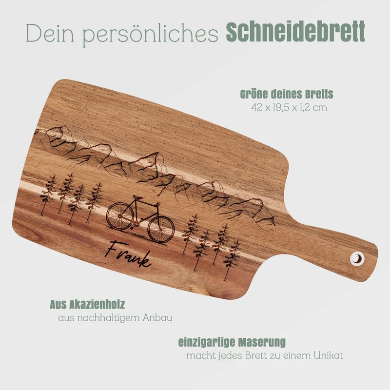 Akazienbrett mit Griff - Fahrrad Berge