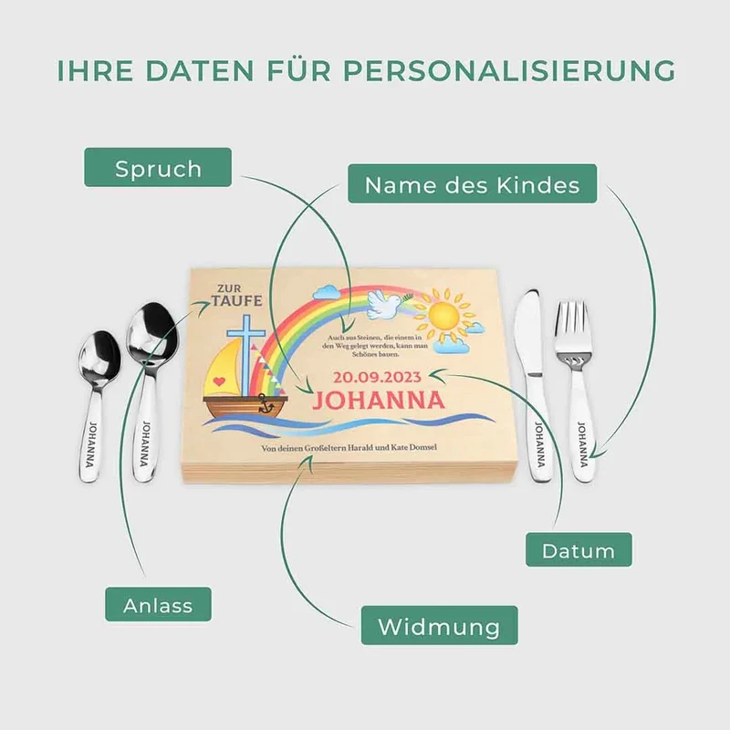 Kinderbesteck personalisiert mit Namen - Besteckset Nach der Sintflut | Taufgeschenk für Kinder - Geschenk zur Taufe für Jungs & Mädchen, natur Kiste