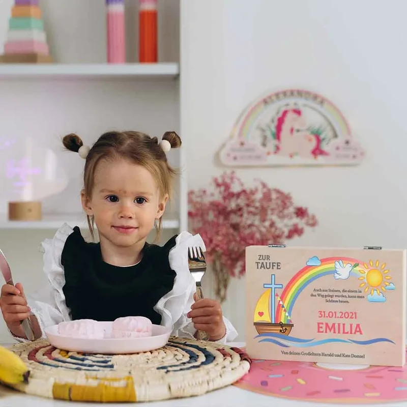 Kinderbesteck personalisiert mit Namen - Besteckset Nach der Sintflut | Taufgeschenk für Kinder - Geschenk zur Taufe für Jungs & Mädchen, natur Kiste