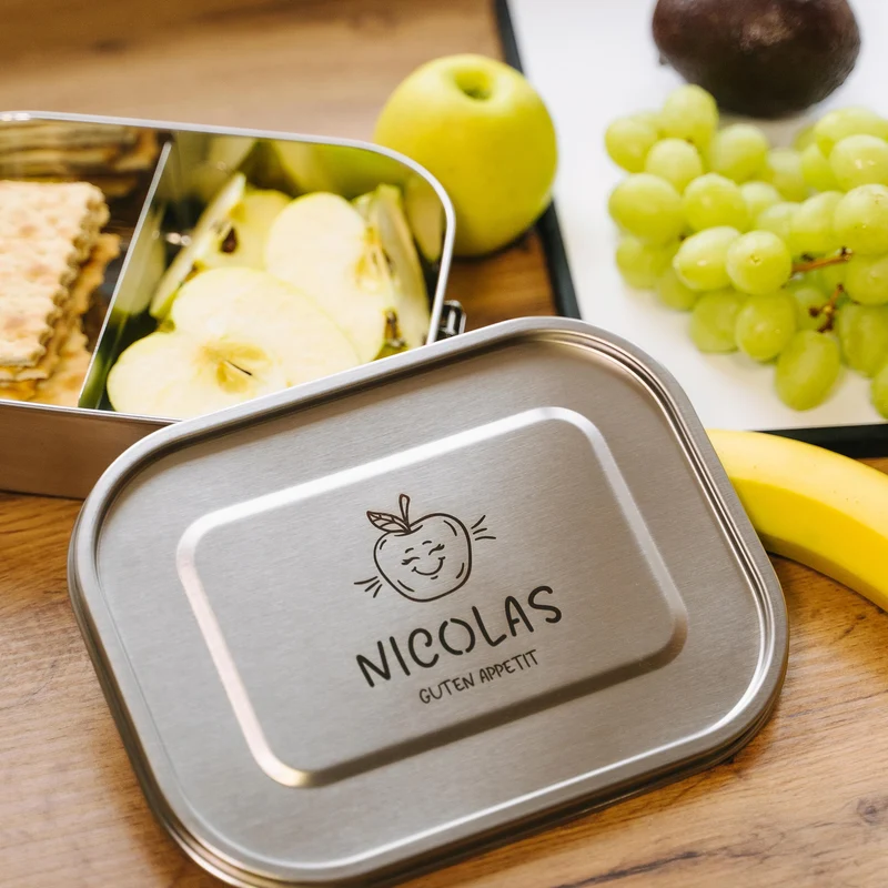 Personalisierte Brotdose für Kinder mit Fächern - Brotdose mit Namen - Obst & Gemüse | Lunchbox mit Trennfächern - Vesperdose für Jungen & Mädchen