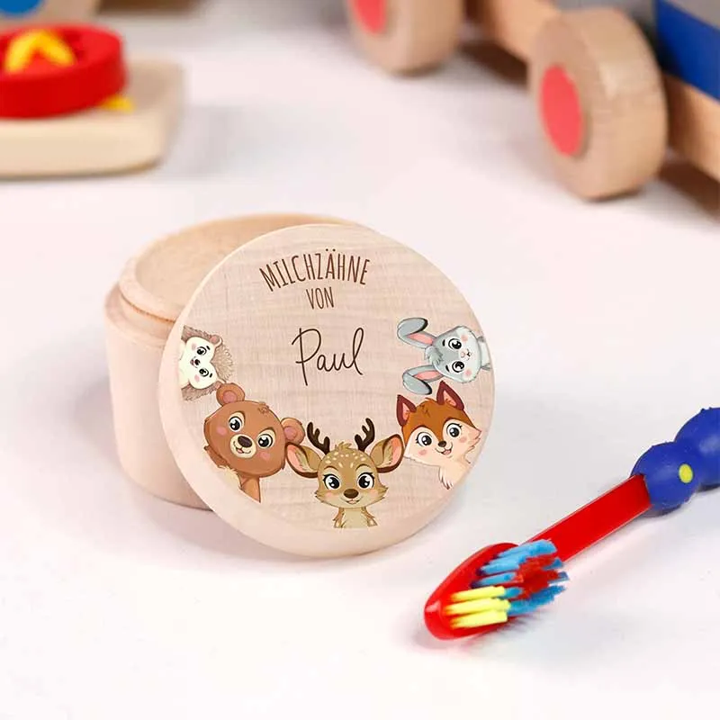 Personalisierte Milchzahndose aus Lindenholz mit Namen - Zahnbox für Kinder - Waldtiere Motiv | Natur, Runde - Baby Geschenk & Andenken zur Taufe