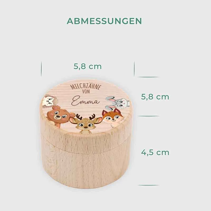 Personalisierte Milchzahndose aus Lindenholz mit Namen - Zahnbox für Kinder - Waldtiere Motiv | Natur, Runde - Baby Geschenk & Andenken zur Taufe