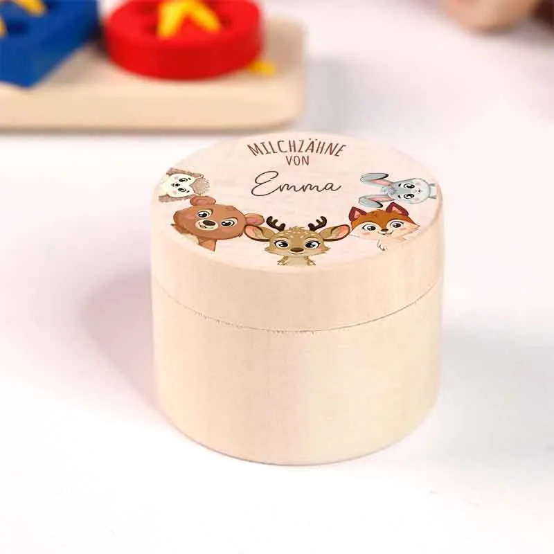 Personalisierte Milchzahndose aus Lindenholz mit Namen - Zahnbox für Kinder - Waldtiere Motiv | Natur, Runde - Baby Geschenk & Andenken zur Taufe