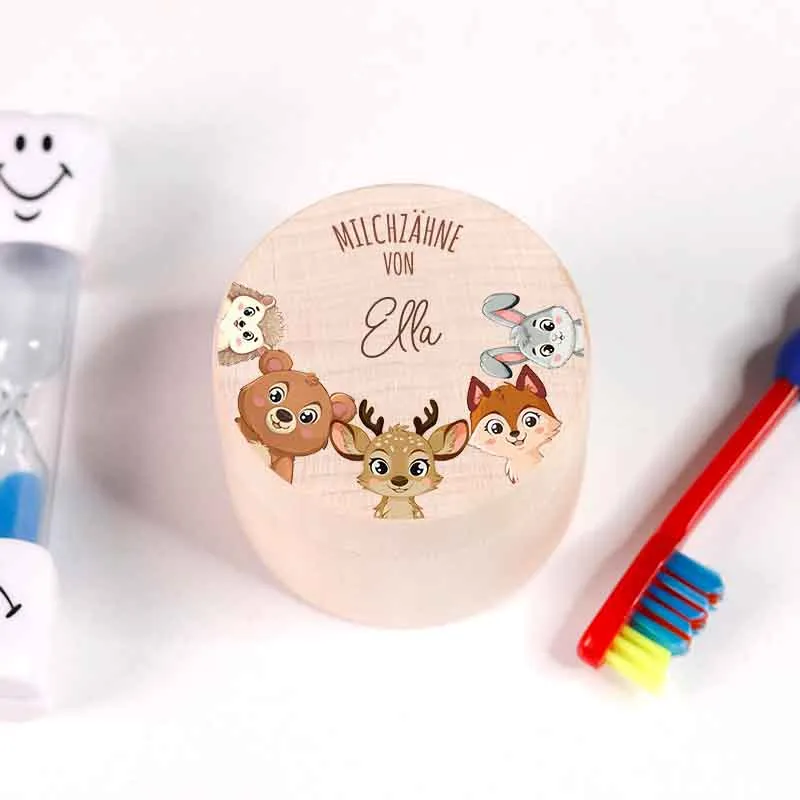 Personalisierte Milchzahndose aus Lindenholz mit Namen - Zahnbox für Kinder - Waldtiere Motiv | Natur, Runde - Baby Geschenk & Andenken zur Taufe