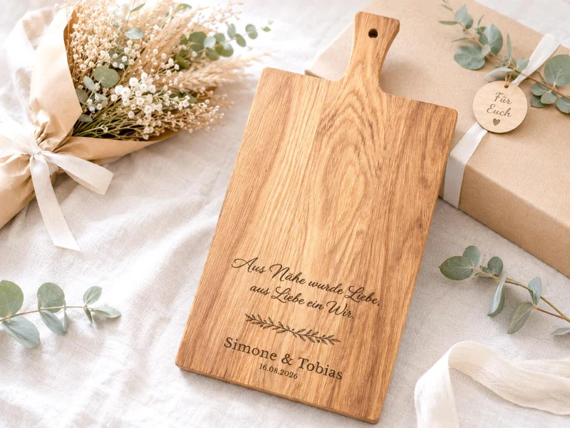 Personalisiertes Schneidebrett aus Eiche mit Gravur – Hochzeitsgeschenk mit Namen & Datum