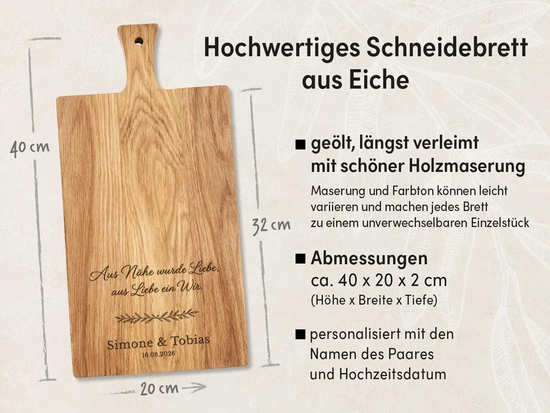 Personalisiertes Schneidebrett aus Eiche mit Gravur – Hochzeitsgeschenk mit Namen & Datum