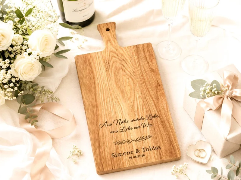 Personalisiertes Schneidebrett aus Eiche mit Gravur – Hochzeitsgeschenk mit Namen & Datum
