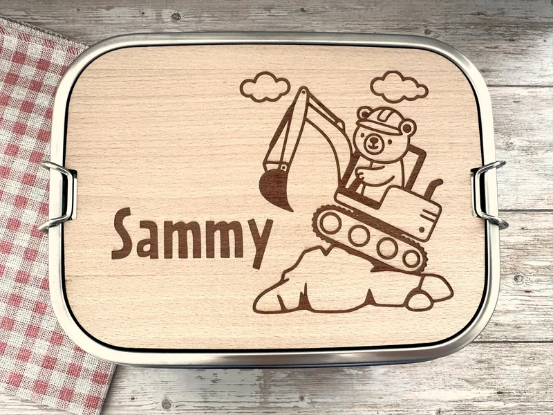 Personalisierte Brotdose Edelstahl mit Namen, Bagger-Bärenmotiv, wasserdicht, BPA-frei, mit Trennsteg & Schneidebrett, Geschenk für Kinder