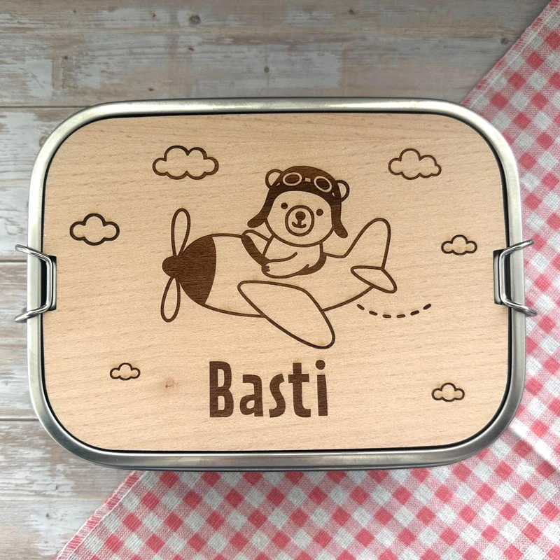 Personalisierte Brotdose Edelstahl, Flugzeug-Bärenmotiv