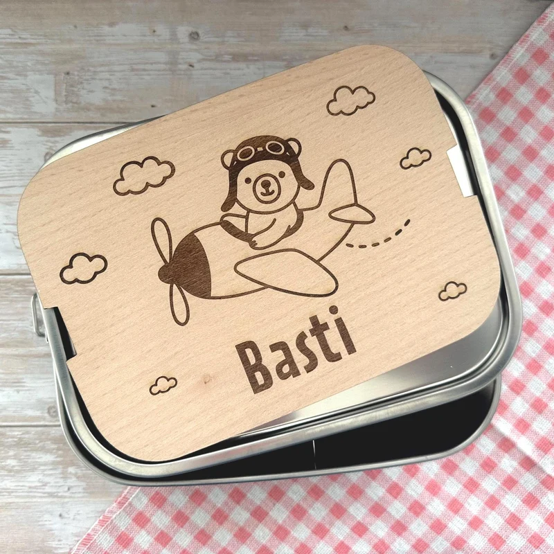 Personalisierte Brotdose Edelstahl, Flugzeug-Bärenmotiv