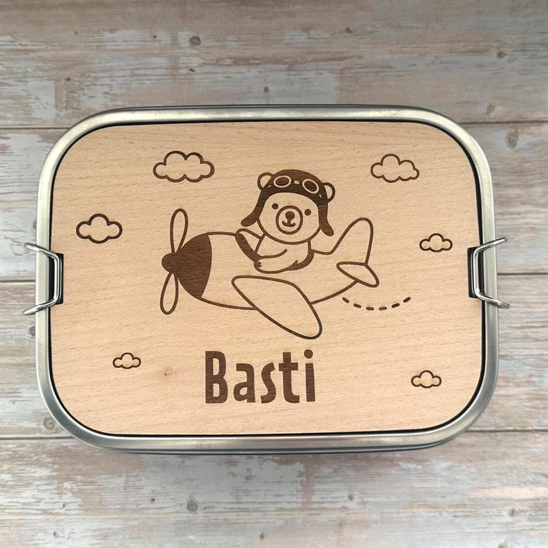 Personalisierte Brotdose Edelstahl, Flugzeug-Bärenmotiv