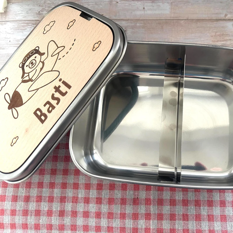 Personalisierte Brotdose Edelstahl, Flugzeug-Bärenmotiv