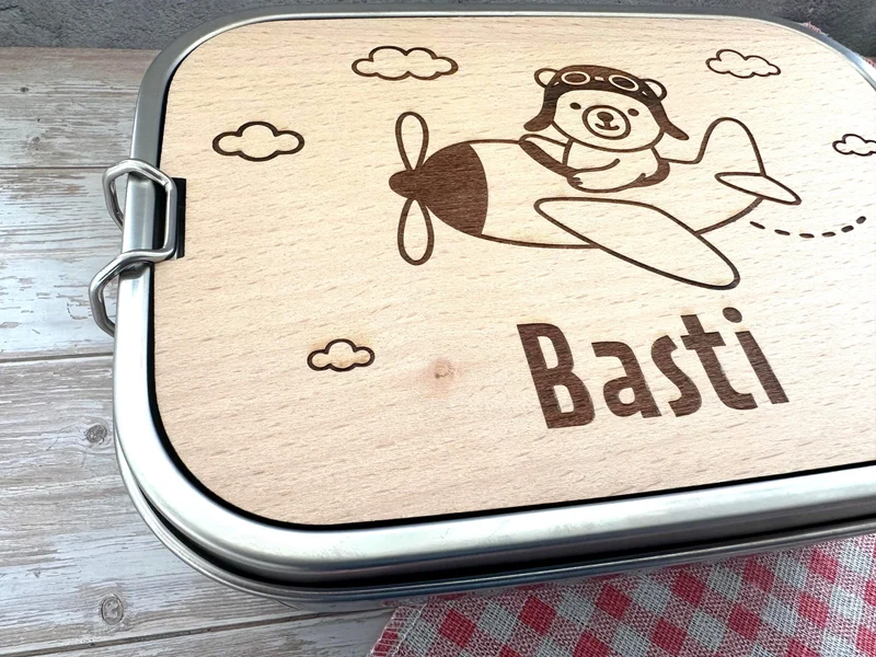Personalisierte Brotdose Edelstahl, Flugzeug-Bärenmotiv