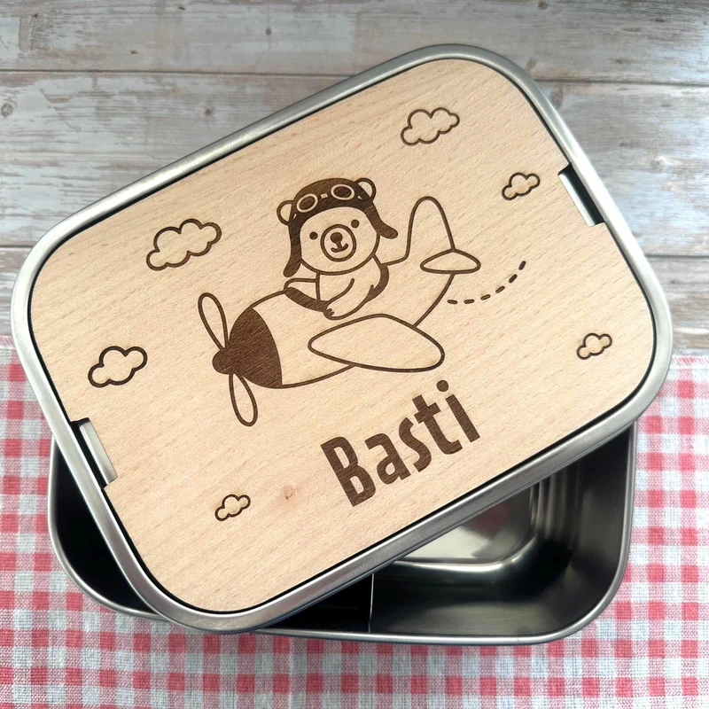 Personalisierte Brotdose Edelstahl, Flugzeug-Bärenmotiv