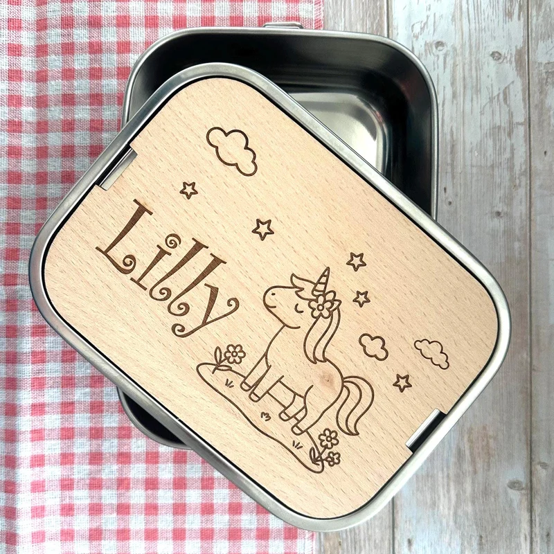 Personalisierte Brotdose Edelstahl, mit Namen, Einhorn, wasserdicht, BPA-frei, mit Trennsteg & Schneidebrett, Geschenk für Kinder