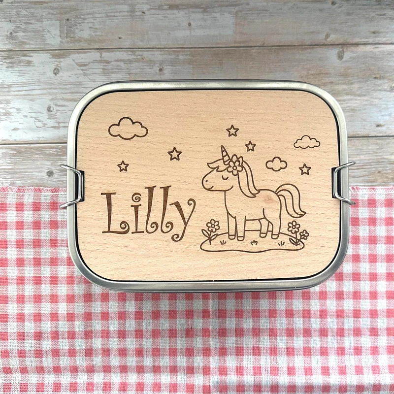 Personalisierte Brotdose Edelstahl, mit Namen, Einhorn, wasserdicht, BPA-frei, mit Trennsteg & Schneidebrett, Geschenk für Kinder