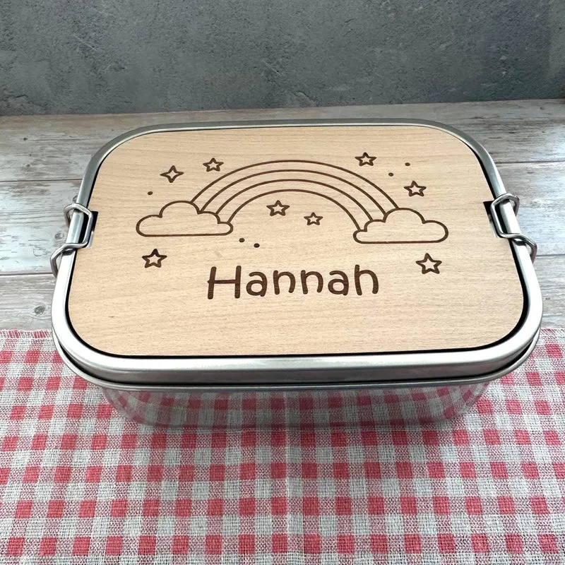 Personalisierte Brotdose Edelstahl, mit Namen, Regenbogen, wasserdicht, BPA-frei, mit Trennsteg & Schneidebrett, Geschenk für Kinder