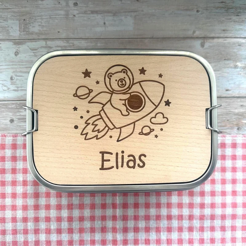 Personalisierte Brotdose Edelstahl, mit Namen, Rakete Weltraum, wasserdicht, BPA-frei, mit Trennsteg & Schneidebrett, Geschenk für Kinder