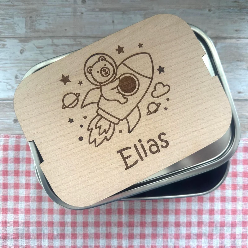 Personalisierte Brotdose Edelstahl, mit Namen, Rakete Weltraum, wasserdicht, BPA-frei, mit Trennsteg & Schneidebrett, Geschenk für Kinder