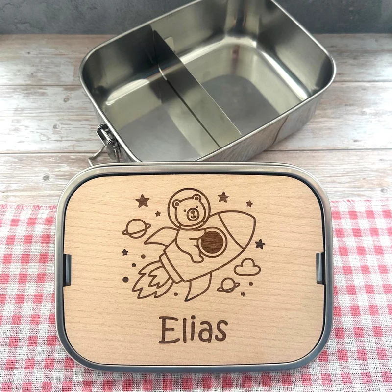 Personalisierte Brotdose Edelstahl, mit Namen, Rakete Weltraum, wasserdicht, BPA-frei, mit Trennsteg & Schneidebrett, Geschenk für Kinder