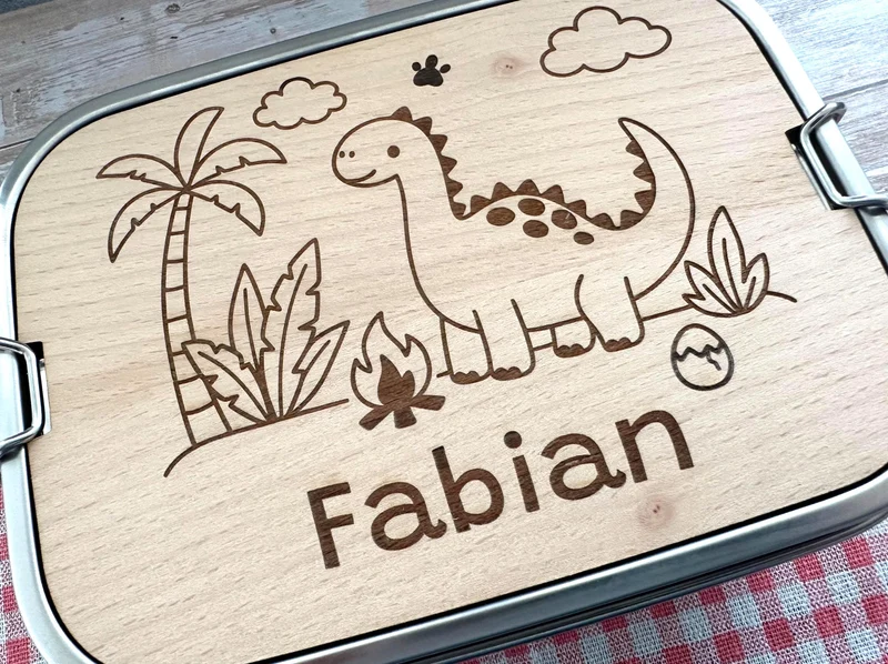 Personalisierte Brotdose Edelstahl, mit Namen, Dino, Dinosaurier, wasserdicht, BPA-frei, mit Trennsteg & Schneidebrett, Geschenk für Kinder