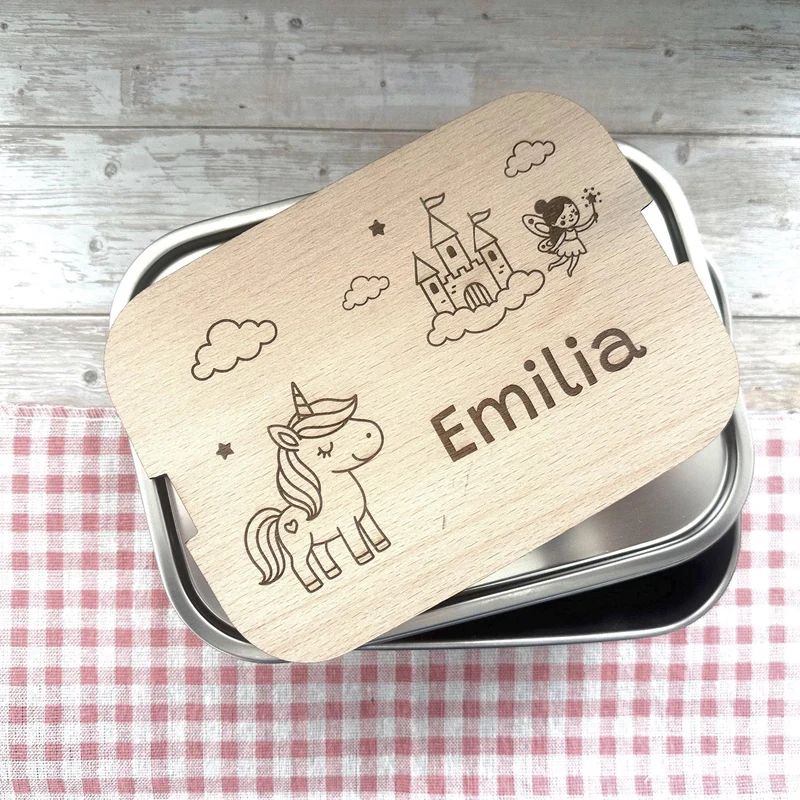 Personalisierte Brotdose Edelstahl, mit Namen, Einhorn, Schloss und Fee, wasserdicht mit Trennsteg & Schneidebrett, Geschenk für Kinder