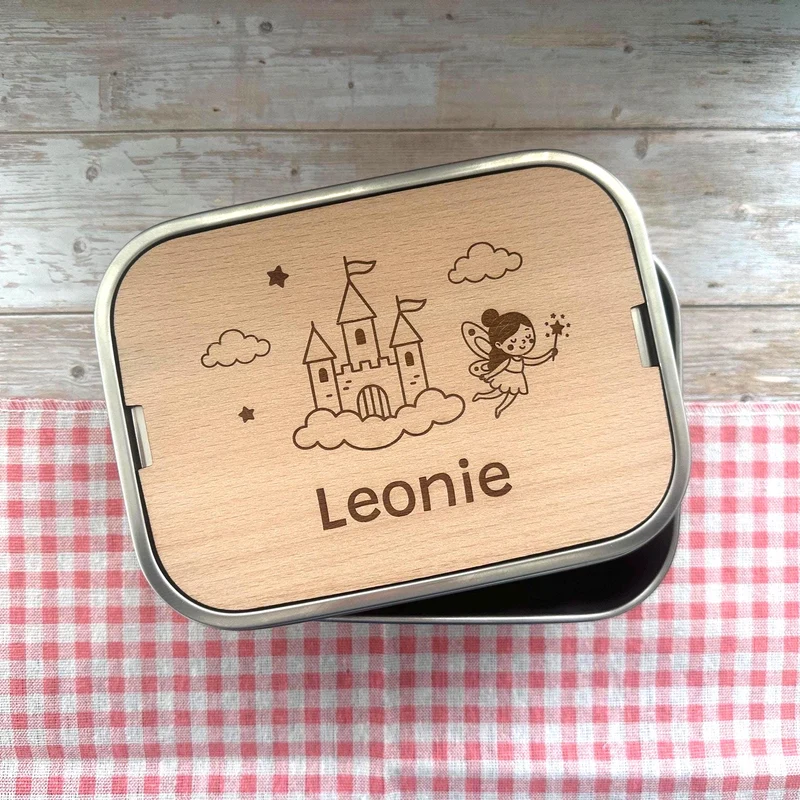 Personalisierte Brotdose Edelstahl, mit Namen, Märchenschloss und Fee, wasserdicht mit Trennsteg & Schneidebrett, Geschenk für Kinder