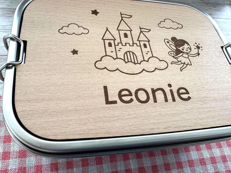 Personalisierte Brotdose Edelstahl, mit Namen, Märchenschloss und Fee, wasserdicht mit Trennsteg & Schneidebrett, Geschenk für Kinder