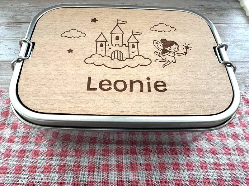 Personalisierte Brotdose Edelstahl, mit Namen, Märchenschloss und Fee, wasserdicht mit Trennsteg & Schneidebrett, Geschenk für Kinder