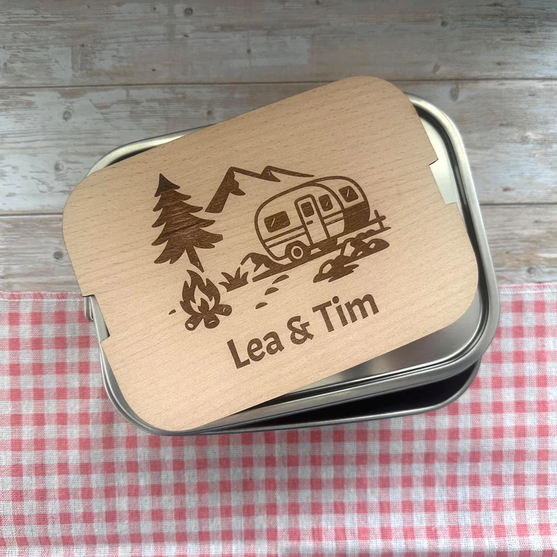 Personalisierte Brotdose Edelstahl, mit Namen, Outdoor & Camping, wasserdicht mit Trennsteg und Schneidebrett – Vanlife